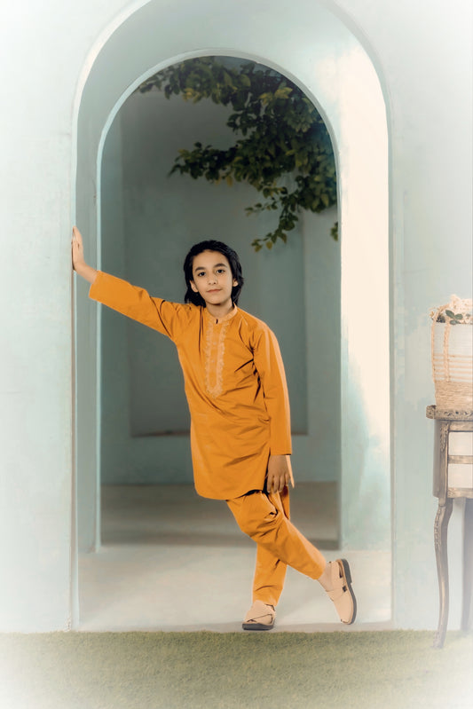 Boys Embroidered Kurta Shalwar Set — Mustard Yellow