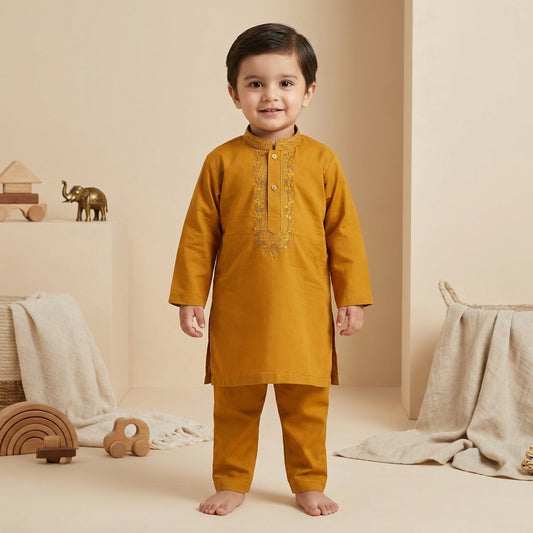 Boys Embroidered Kurta Shalwar Set — Mustard Yellow