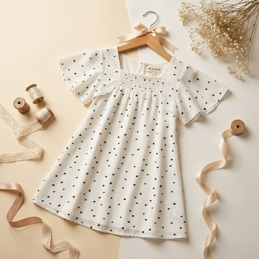 Girls Flutter Sleeve Frock — White Heart Print (Alt Shot)