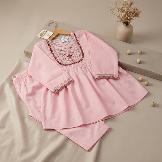 Girls Embroidered Kurti Shalwar Set — Baby Pink