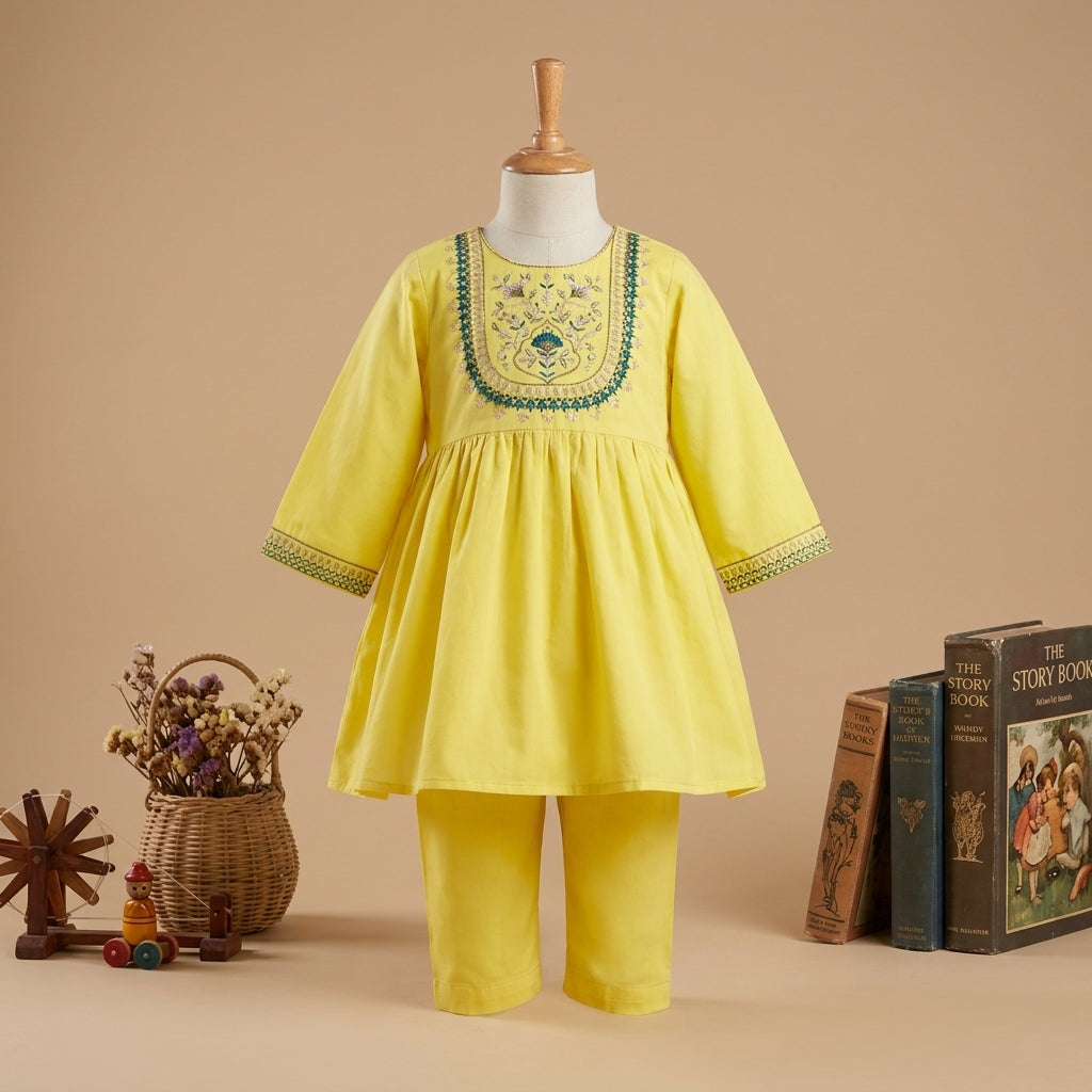Girls Embroidered Kurta Set — Lemon Yellow