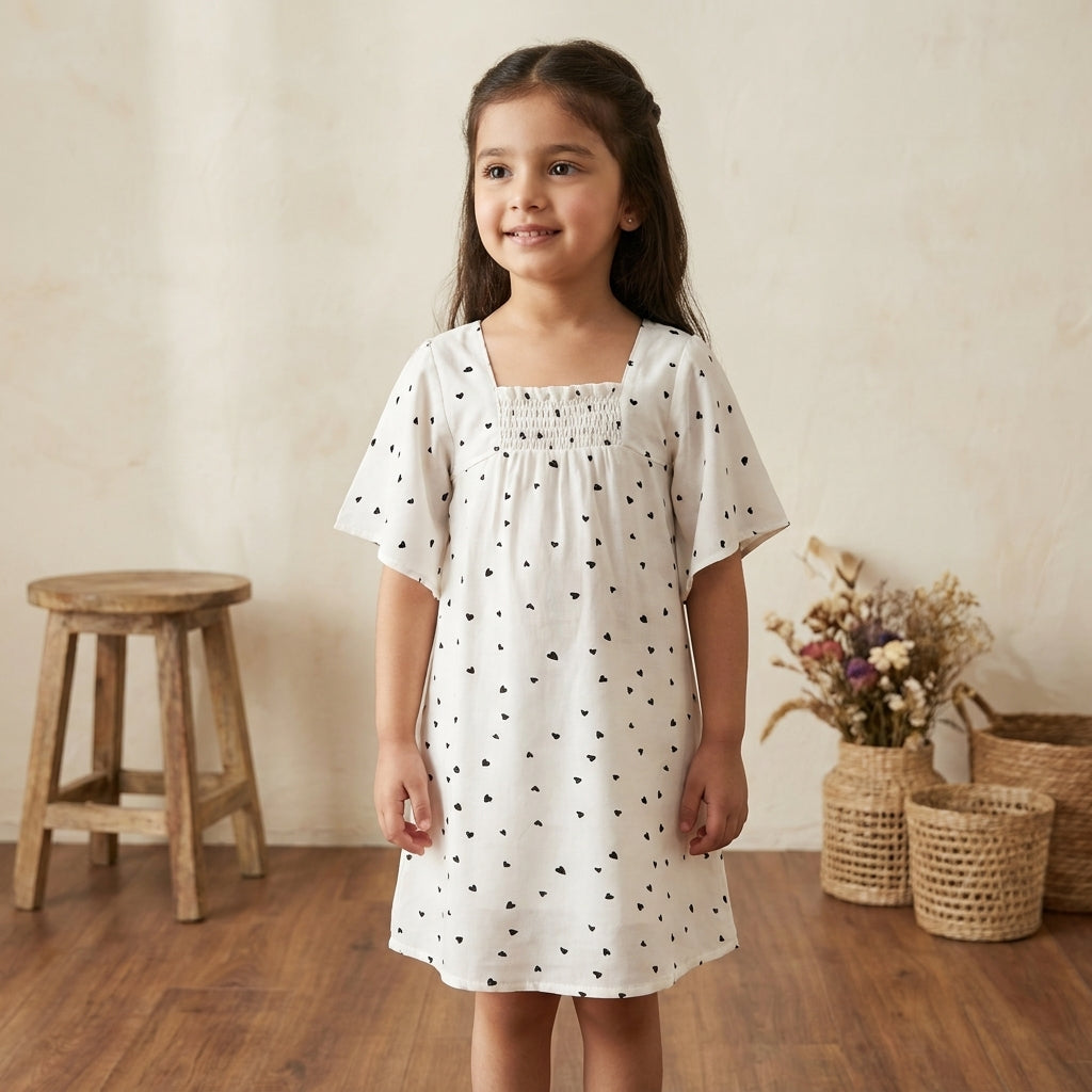Girls Flutter Sleeve Frock — White Heart Print (Packed)