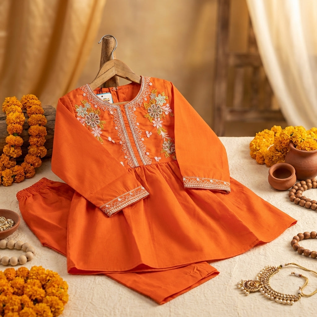 Girls Embroidered Kurti Shalwar Set — Orange