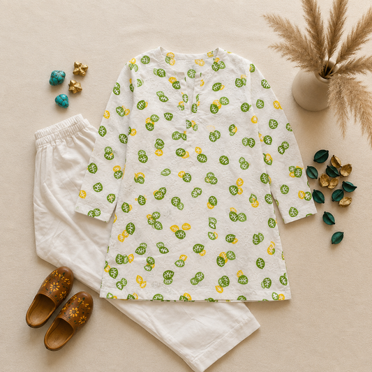 Girls premium chikn kari kurta with white shalwar— Leaf Print
