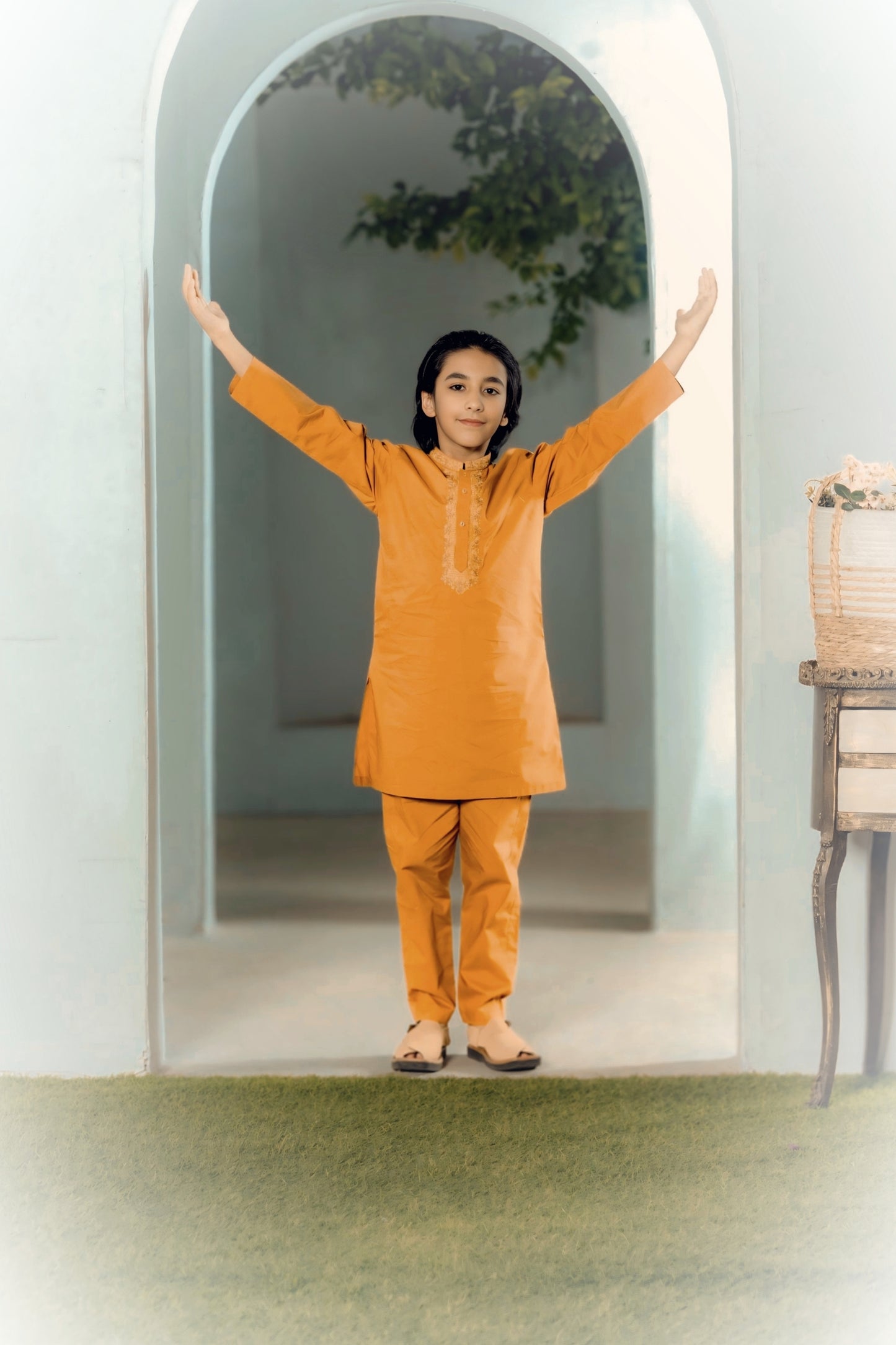 Boys Embroidered Kurta Shalwar Set — Mustard Yellow