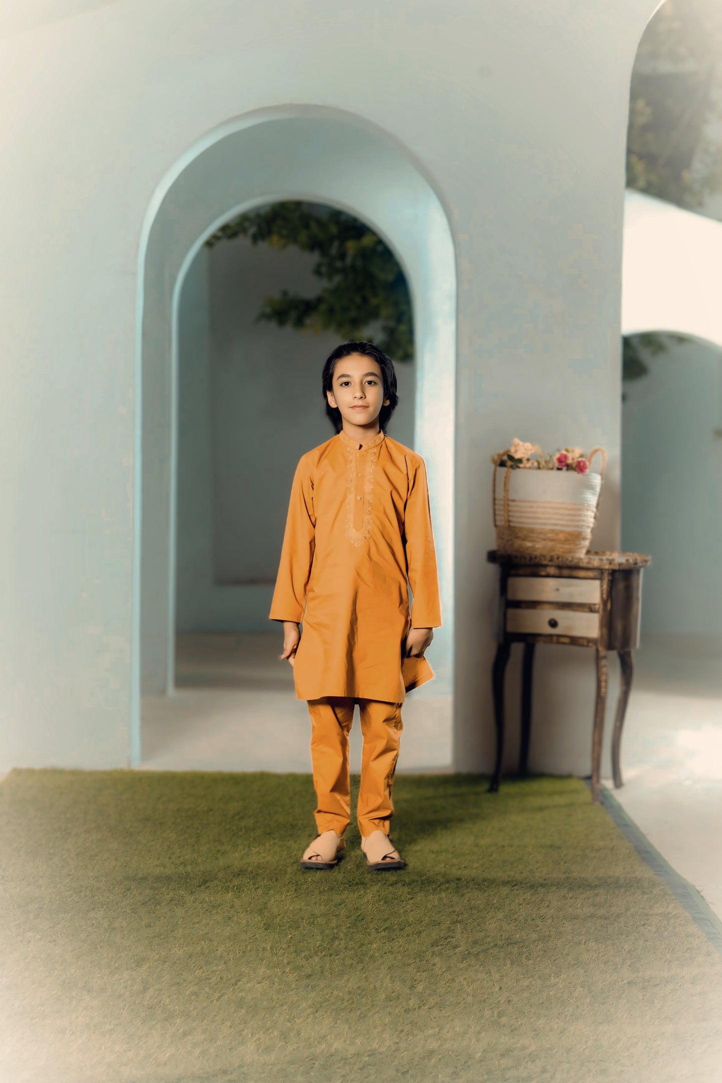 Boys Embroidered Kurta Shalwar Set — Mustard Yellow