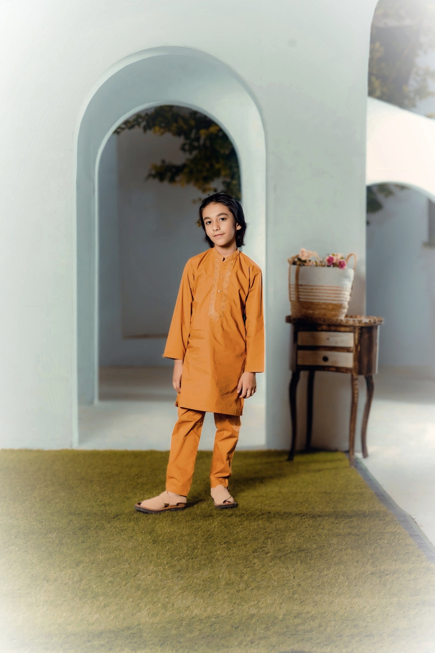 Boys Embroidered Kurta Shalwar Set — Mustard Yellow