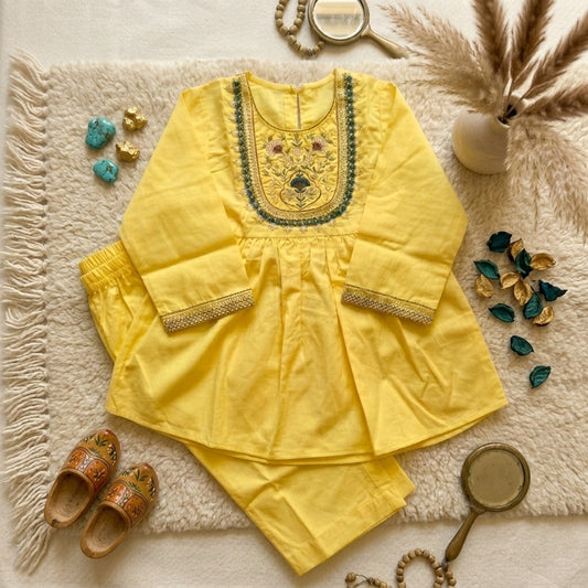 Girls Embroidered Kurta Set — Lemon Yellow