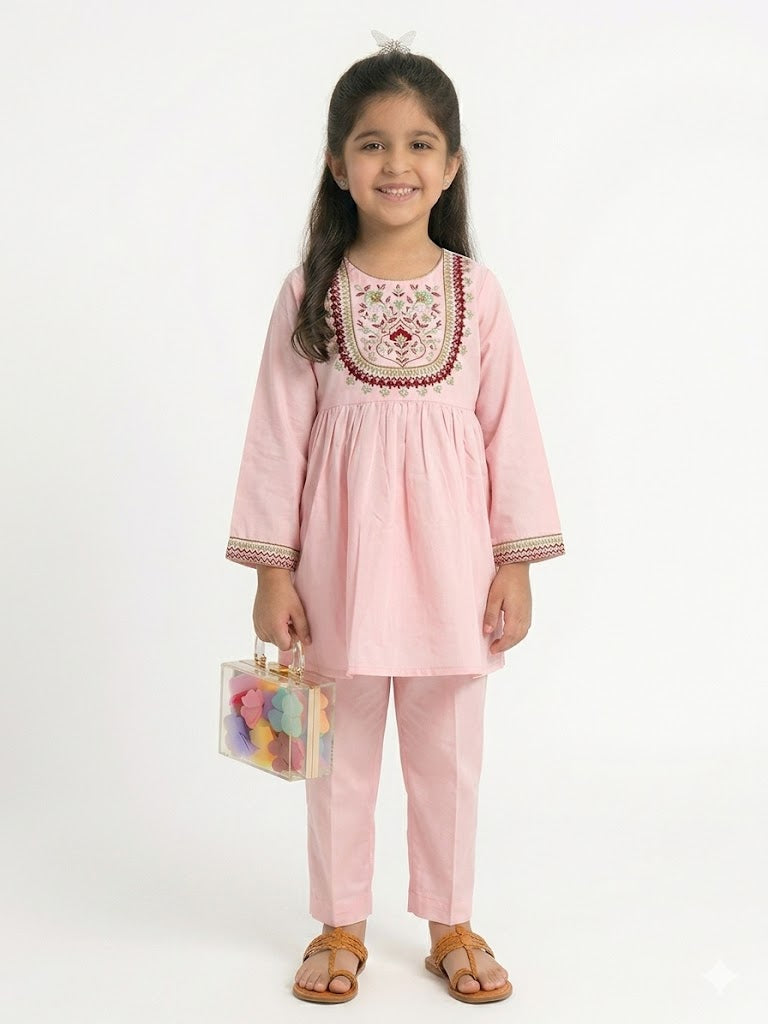 Girls Embroidered Kurti Shalwar Set — Baby Pink