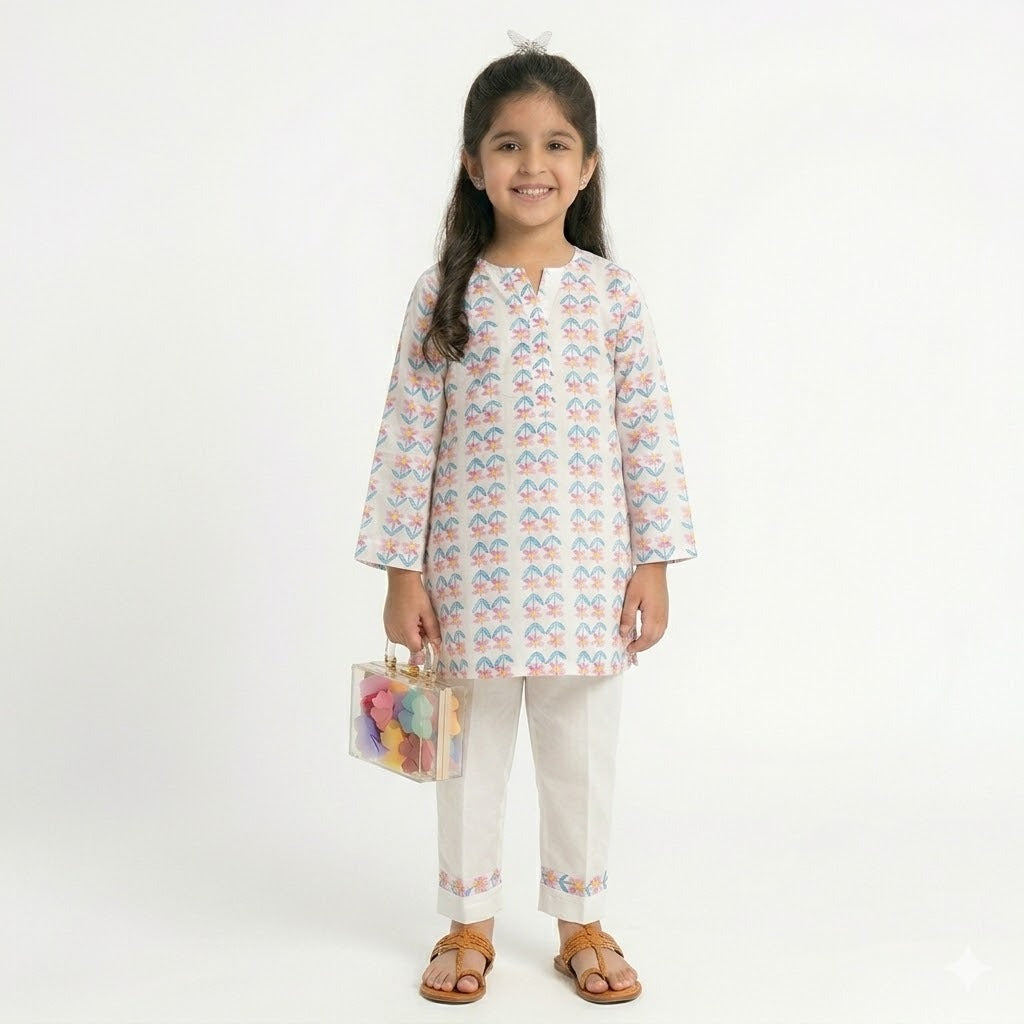 Girls premium chikn kari kurta with white shalwar — Blue Floral