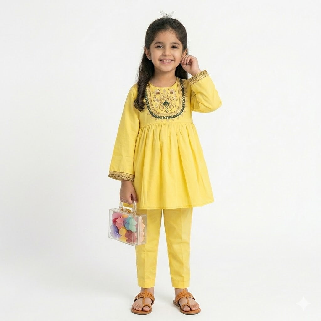Girls Embroidered Kurta Set — Lemon Yellow