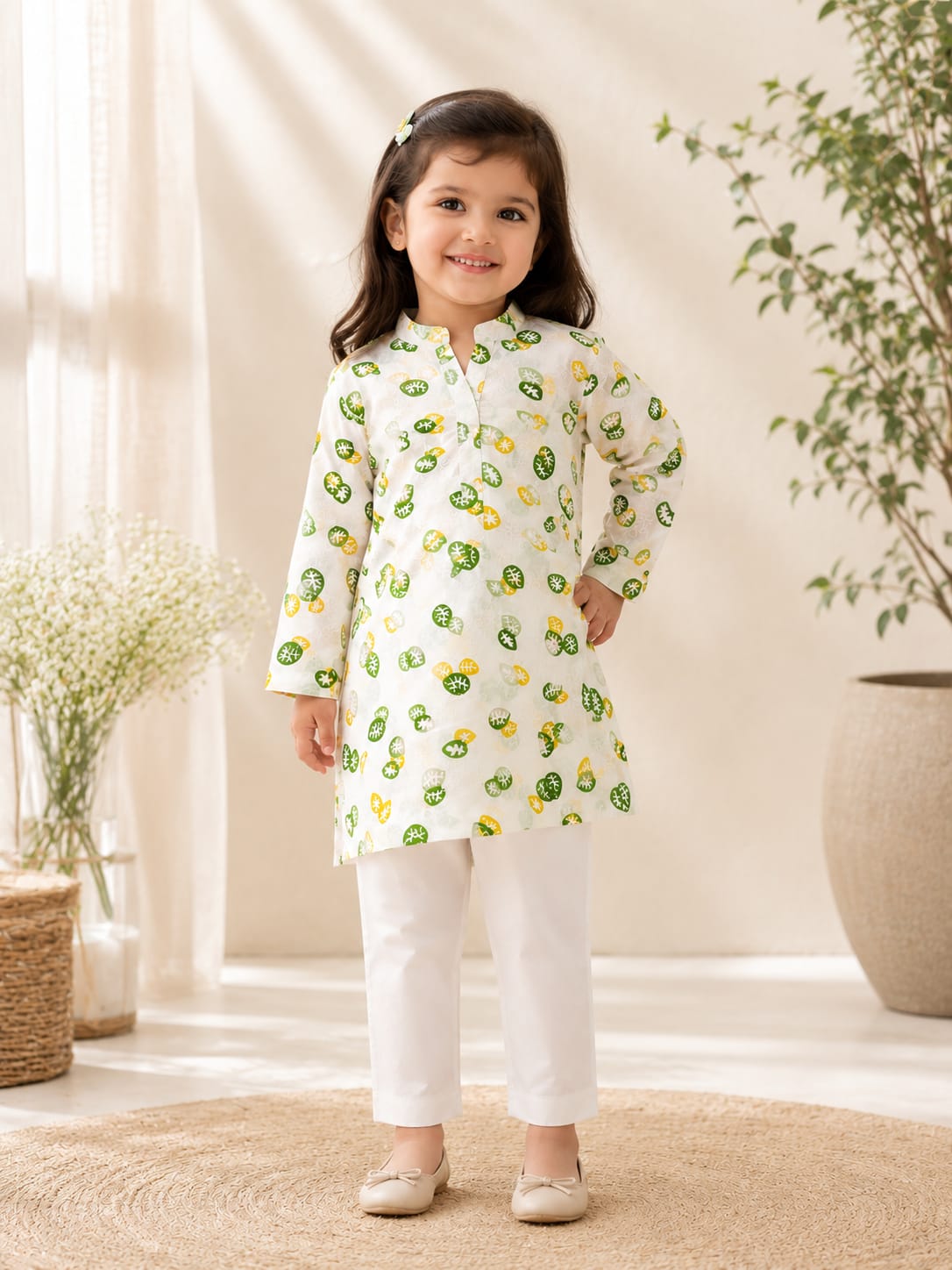 Girls premium chikn kari kurta with white shalwar— Leaf Print