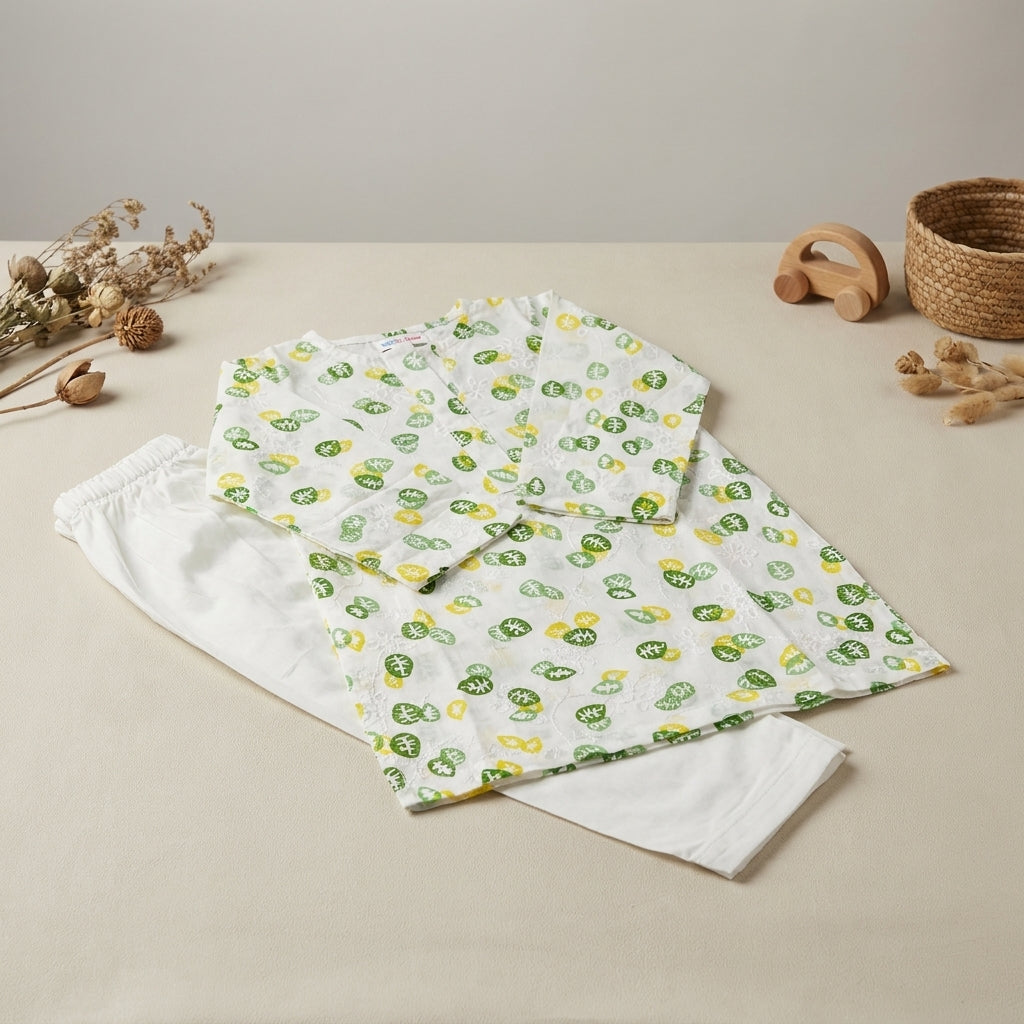 Girls Printed Cotton Kurti with White Shalwar — Leaf Print