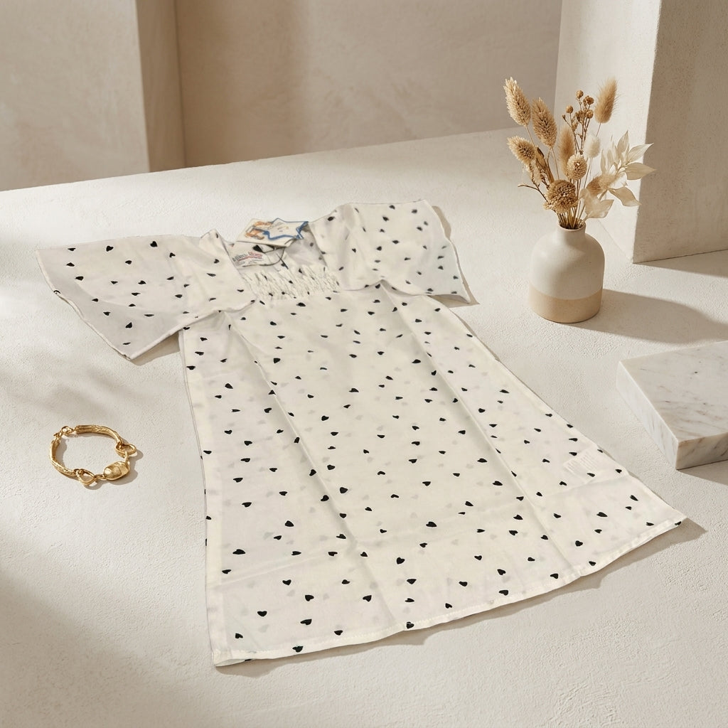 Girls Flutter Sleeve Frock — White Heart Print (Packed)