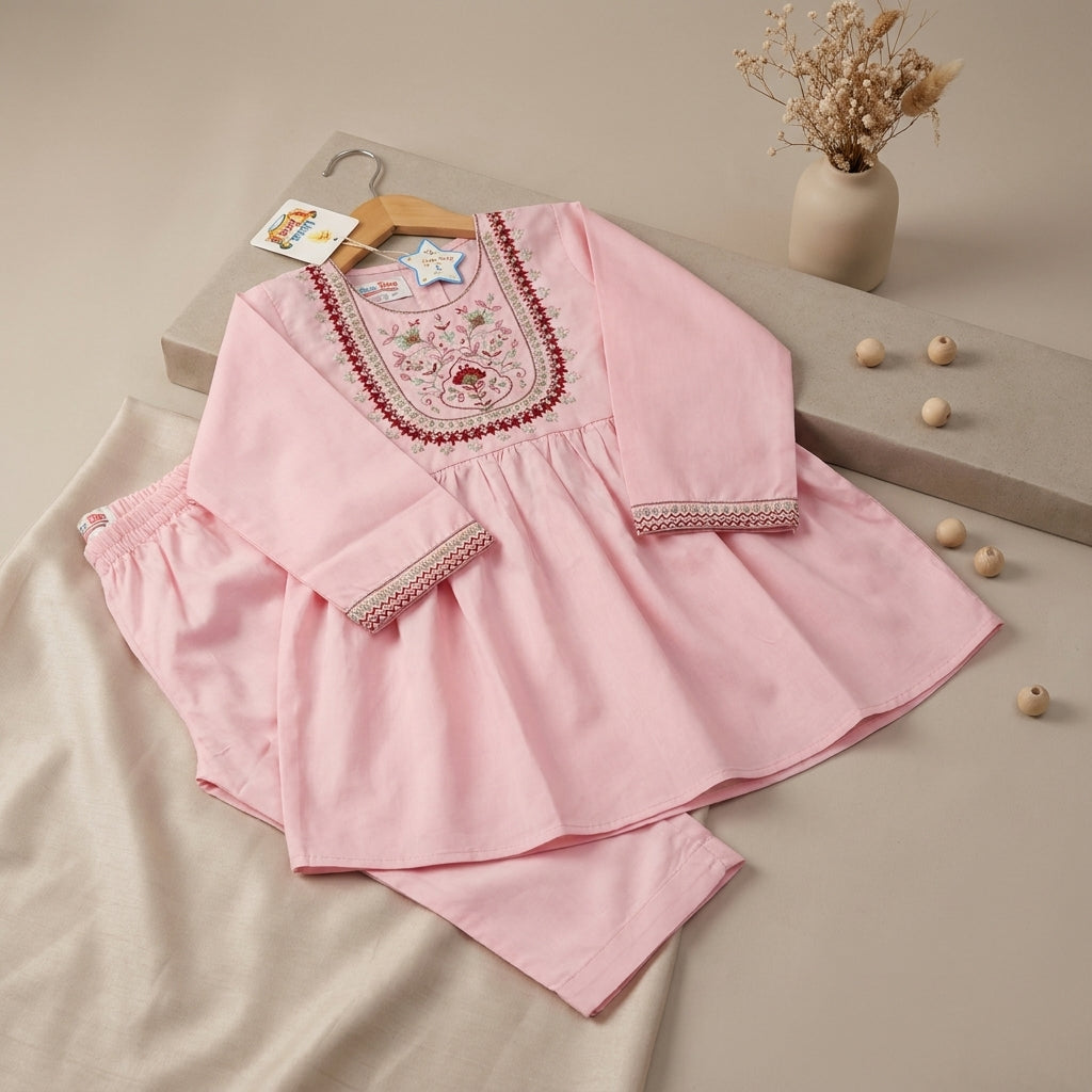 Girls Embroidered Kurti Shalwar Set — Baby Pink