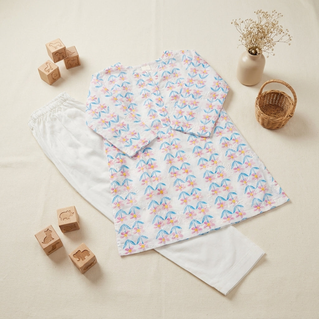 Girls Printed Cotton Kurti with White Shalwar — Blue Floral
