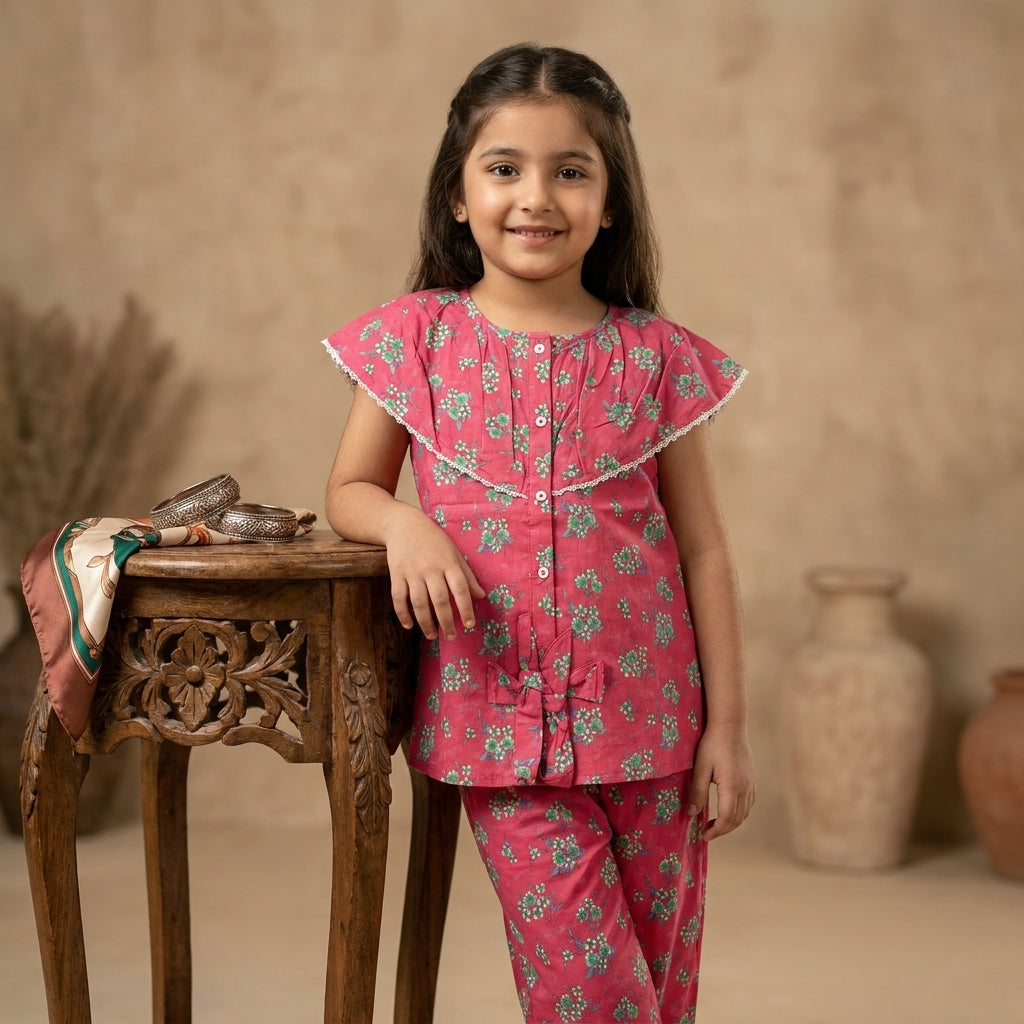 Girls Embroidered Kurta Set — Baby Pink