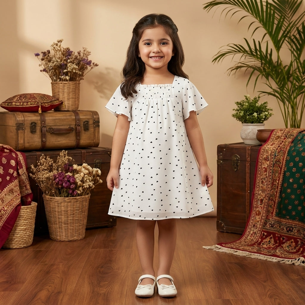 Girls Flutter Sleeve Frock — White Heart Print (Alt Shot)