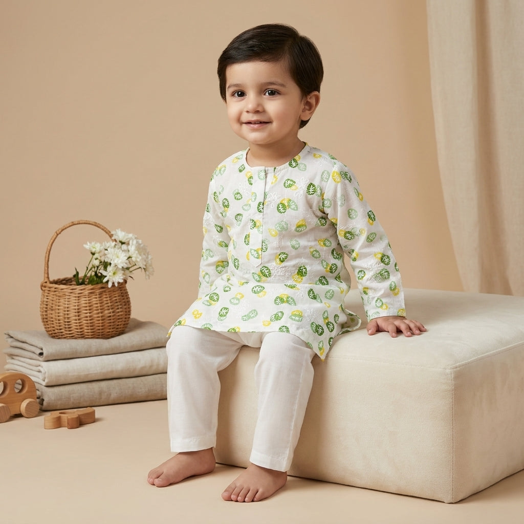 Girls Printed Cotton Kurti with White Shalwar — Leaf Print
