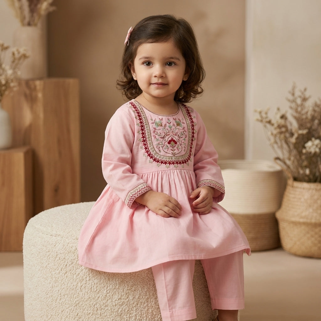 Girls Embroidered Kurti Shalwar Set — Baby Pink
