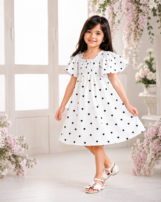 Girls Flutter Sleeve Frock — White Heart Print (Packed)