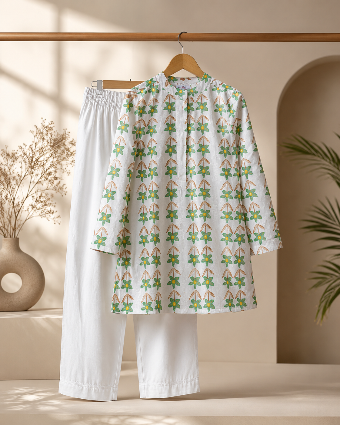 Girls premium chikn kari kurta with white shalwar— Leaf Print