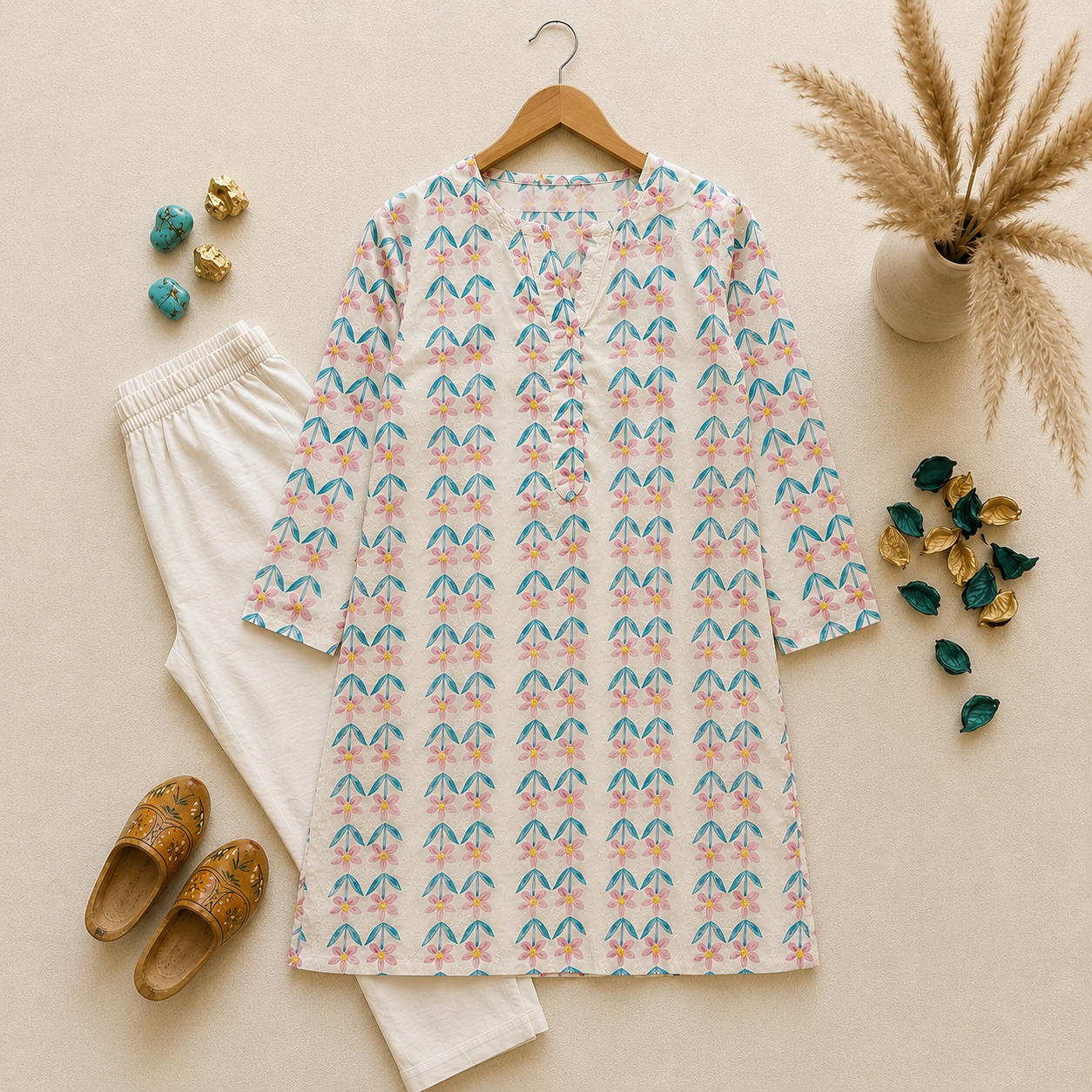 Girls premium chikn kari kurta with white shalwar — Blue Floral