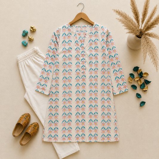 Girls premium chikn kari kurta with white shalwar — Blue Floral